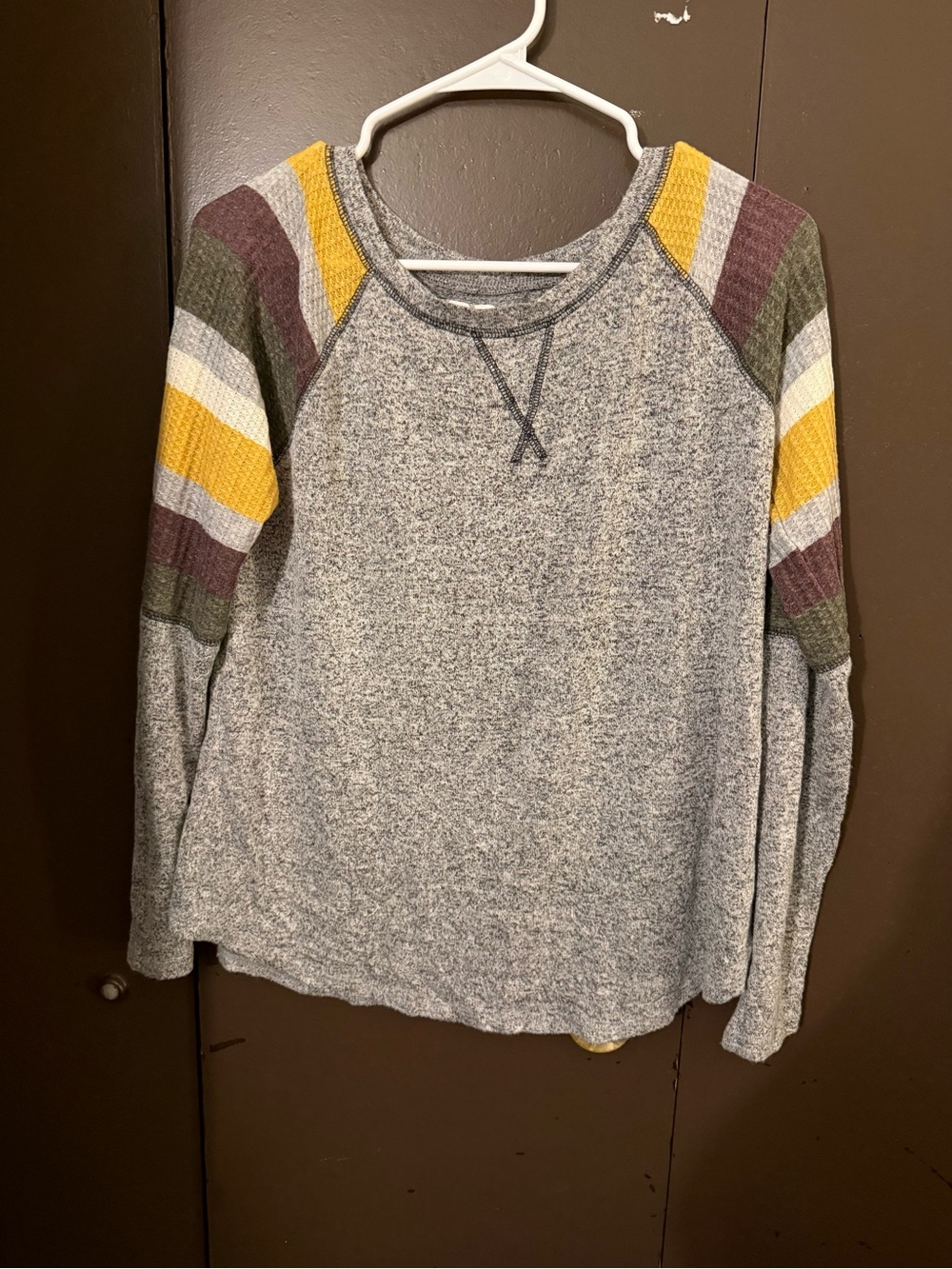 Maurices Heather Gray Crewneck with Mustard, Olive & Maroon Stripe Sleeves